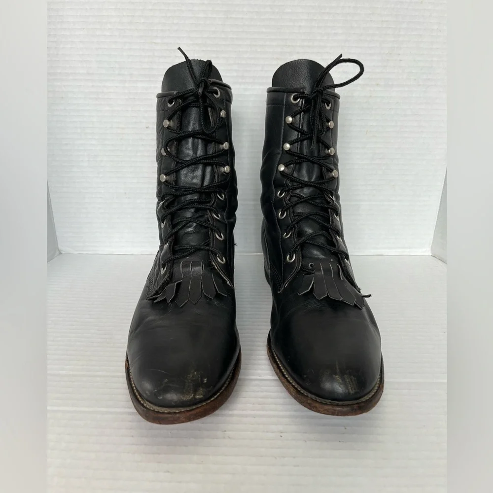 Justin Western Roper Kiltie Boots Women Size 9 B Black Leather Lace Up L0620 - Picture 2 of 11